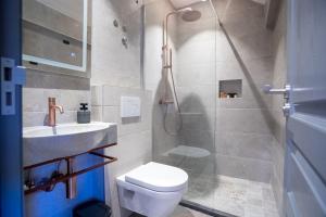 a bathroom with a shower and a toilet and a sink at River Bridge in Žabljak +66 photos