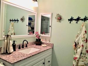 a bathroom with a sink and a mirror at Unit 18 Relaxing Oceanview Studio in Pahala +16 photos