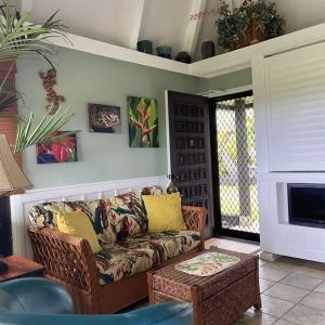 a living room with a couch and a tv at Unit 18 Relaxing Oceanview Studio in Pahala