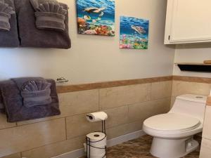a bathroom with a toilet and two paintings on the wall at 41 Turtle Hut in Pahala +29 photos