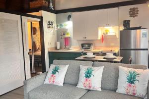 a living room with a couch and a kitchen at 43 Studio Queen Bed in Pahala