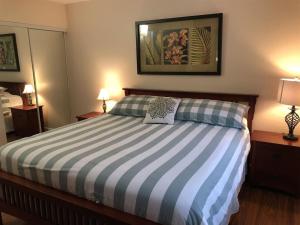 a bedroom with a bed with blue and white stripes at 56 One Bedroom One Bath with Ocean Views in Pahala