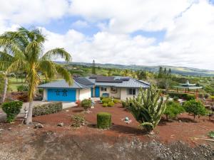 a house with a palm tree in front of it at Honu Harbor with Pool on Golf Course in Naalehu
