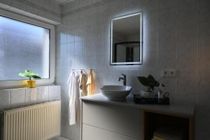 a bathroom with a sink and a mirror and a window at MühlengasseONE in Lenzing +40 photos