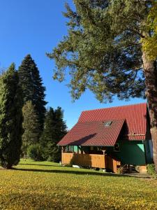 a house with a red roof in a park at Ferienhaus Thüringer Wald - Garten & Terrasse in Bischofrod