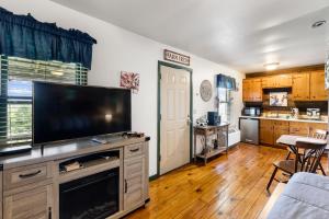a living room with a large flat screen tv at Private Mountain Nook with Jacuzzi - Cabin 6 in Fancy Gap