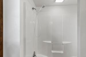 a shower in a white bathroom with a shower at Private Mountain Nook with Jacuzzi - Cabin 6 in Fancy Gap