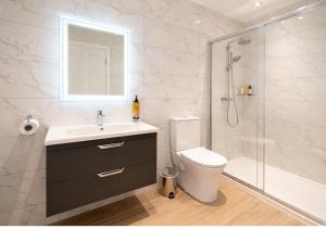 a bathroom with a toilet and a shower and a sink at Kerry Coast Hotel in Cahersiveen +29 photos