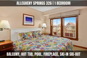 a bedroom with a bed and a large window at AS 326 No Resort Fee Pool-View Ski-InOut in Snowshoe