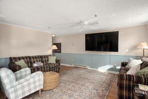 a living room with two couches and a flat screen tv at Snowshoe Ski-InSki-Out Steps to Ballhooter Lift Mountain Lodge Condo in Snowshoe