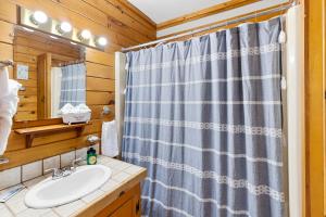 a bathroom with a shower curtain and a sink at 2BR Cabin with Jacuzzi and Mountain Views - Cabin 5 in Fancy Gap +24 photos