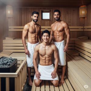 a group of three men in a sauna at MaToNi Onsen in Phuket