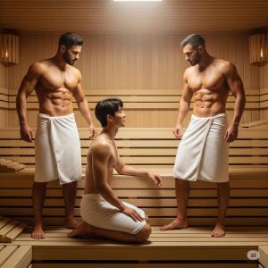 a group of three men standing in the sauna at MaToNi Onsen in Phuket