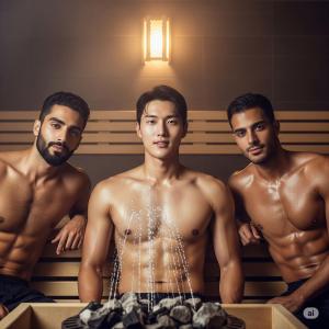 a group of three men standing in a bed playing with water at MaToNi Onsen in Phuket