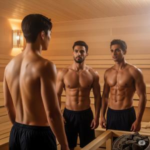 a group of three men in a sauna at MaToNi Onsen in Phuket