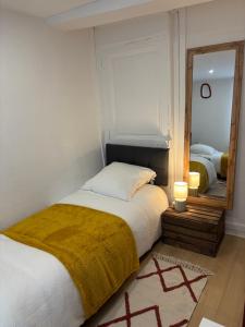a bedroom with a bed and a large mirror at La Parenthèse in Chalons en Champagne