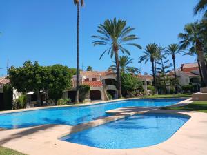 a swimming pool in front of a house with palm trees at Chalet Las Meninas in Denia