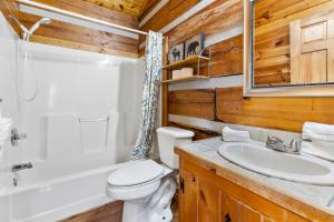 a bathroom with a white toilet and a sink at Hillside Hideout Log Cabin For 2! Cabin 10 in Fancy Gap
