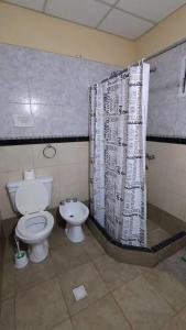 a bathroom with a toilet and a shower curtain at Depto B in Rincon de los Sauces +10 photos