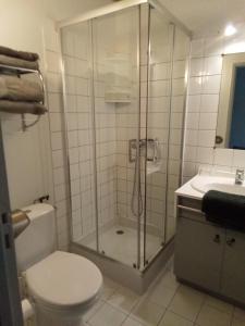 a bathroom with a shower and a toilet and a sink at Hôtel Bon Repos in Barbezieux-Saint-Hilaire