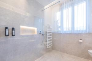 a bathroom with a shower with a ladder in it at Appartament Lago di Braies in San Sigismondo +60 photos