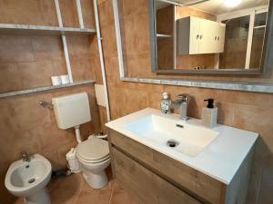 a bathroom with a sink and a toilet and a mirror at Arma central Garden in Arma di Taggia +21 photos