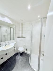a bathroom with a toilet and a sink and a shower at Hotel zum Moselstrand in Briedern +43 photos