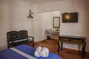 a bedroom with a bed and a tv and a chair at Posada Santa Isabel in Parras de la Fuente