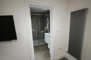 a bathroom with a toilet and a television in it at Osterley Place - Apt A in Hounslow +37 photos