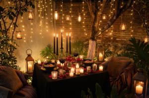 a table with lit candles and a table with food at Orgánico Hotel Boutique TEPOZTLÁN in Tepoztlán
