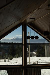 a window with a view of a snowy mountain at Vistachalet in Yablunytsya