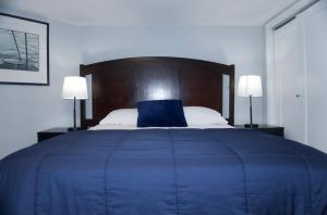 a bedroom with a blue bed with two lamps at Basemant private room 21 in Guttenberg