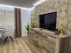 a living room with a television on a wooden dresser at Elfis Paradise in Wiesbaden