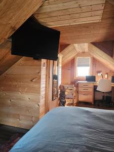 a bedroom with a bed with a tv on the wall at Cable Head Oceanview Casita in Saint Peters