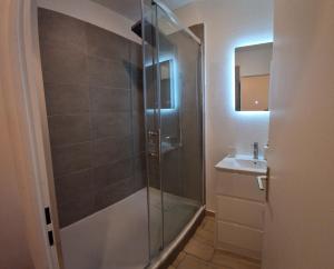 a bathroom with a glass shower and a sink at Villa Club T2 complètement rénové à Mar Vivo, plages à pieds, piscine in La Seyne-sur-Mer