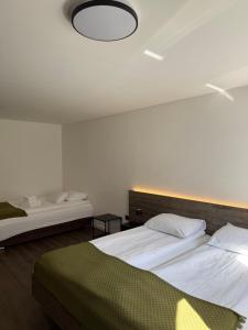 a bedroom with two beds and a light on the ceiling at 4 Elements Resort Bled in Bohinjska Bela