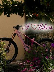 a pink bike is parked next to some flowers at B&B La DORMERIA in Finale Ligure