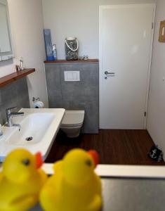 two rubber ducks in a bathroom with a sink at Ferienwohnung-Maren in Marienleuchte +38 photos