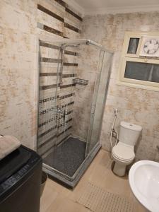 a bathroom with a shower with a toilet and a sink at Modern 3BR Apartment - Heart of Sheikh Zayed - Gated Compound in Sheikh Zayed