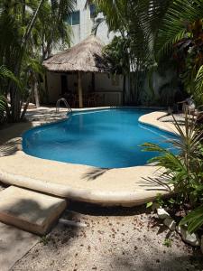 a large swimming pool in a yard next to a building at Spacious 3 bedroom Condo by Mamitas beach in Playa del Carmen