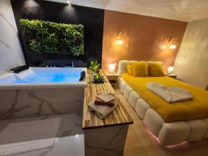 a bedroom with a bed and a bath tub at La clé des songes in Cellefrouin