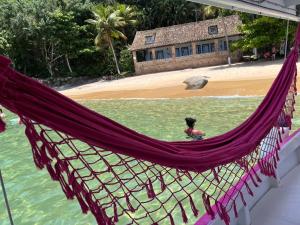 a dog in a hammock in the water near a beach at Vibe in Paraty
