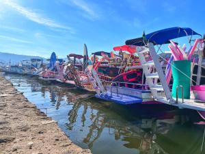 a row of boats are docked in the water at Vibe in Paraty