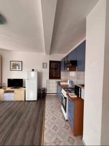 a kitchen with blue cabinets and a white refrigerator at Apartment Goran in Poljanak