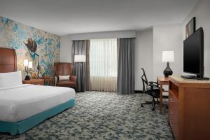 a hotel room with a bed and a desk and a tv at Hilton Garden Inn Fort Worth Medical Center in Fort Worth