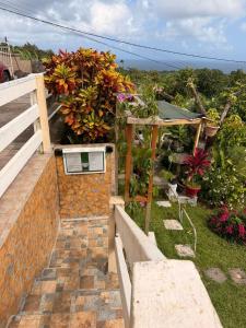 a garden with a small oven on a brick wall at GITE LE FILAO in Le Lorrain +15 photos