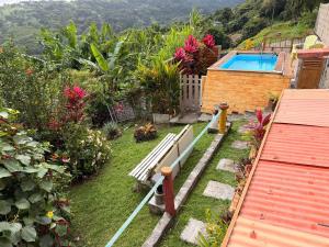 a garden with a bench and a swimming pool at GITE LE FILAO in Le Lorrain