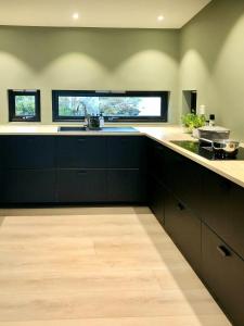 a kitchen with black cabinets and a sink at Spacious Mountain Cabin With View In Nissedal in Treungen