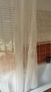 a white shower curtain in a bathroom with a tub at Résidence Castors Colombes in Colombes