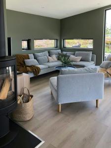 a large living room with couches and a tv at Spacious Mountain Cabin With View In Nissedal in Treungen